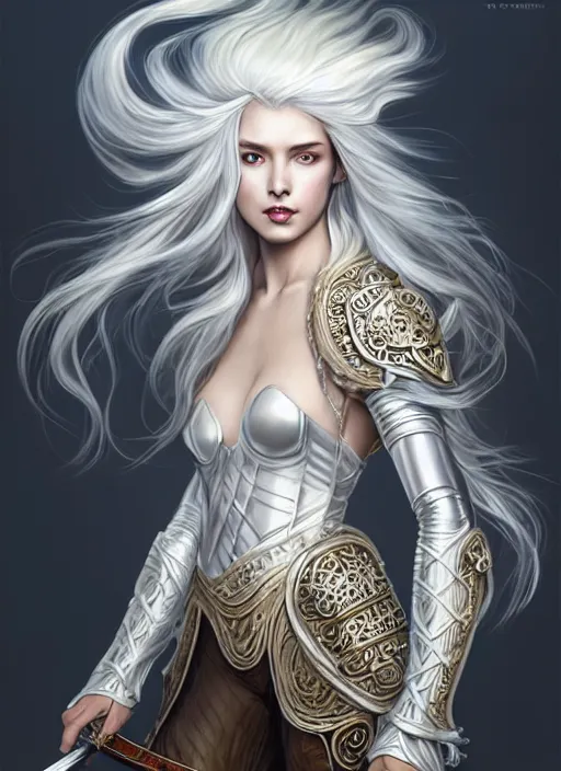 Image similar to full body painting of a woman with flowing luscious glowing white hair standing whilst holding a sword, wearing intricate plate - armor and leather underneath. intricate, elegant, highly detailed, digital painting, artstation, concept art, smooth, sharp focus, illustration, by terry wei, qiu fang, tooth wu, kan liu, siwoo kim, jisu choe