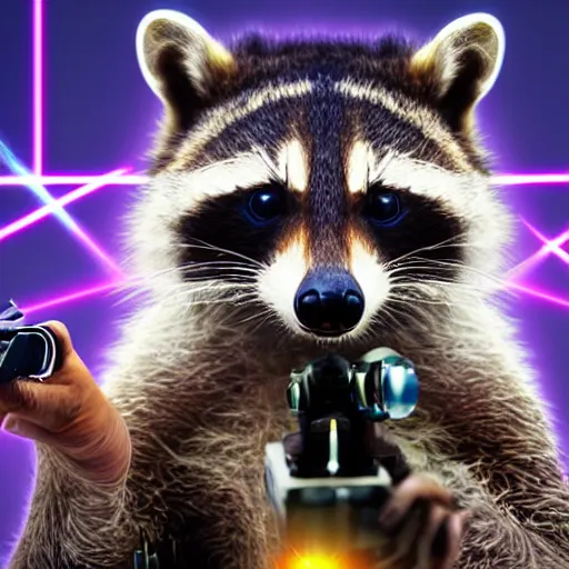 Image similar to racoon holding a laser gun, digital art , centred award winning 4K