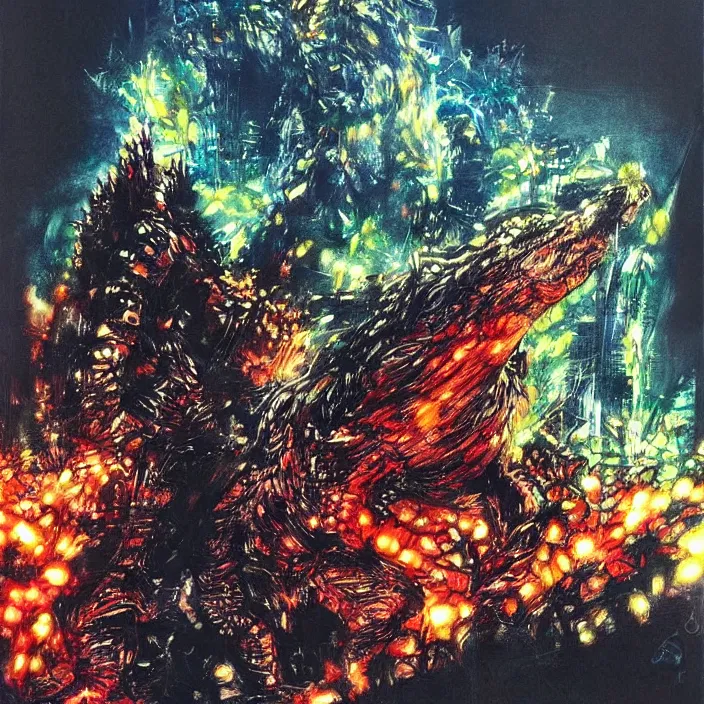 Image similar to godzilla _ painting, glowing lights by greg ruthowski yoshikata amano _ yoji _ shinkawa _ alphonse _ murac _ collaborative _ artwork _ beautifully _ drawn