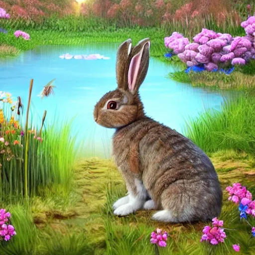 Image similar to cute fluffy tan lop eared bunny rabbit sitting in forest landscape with pond and flowers and reeds detailed painting 4k