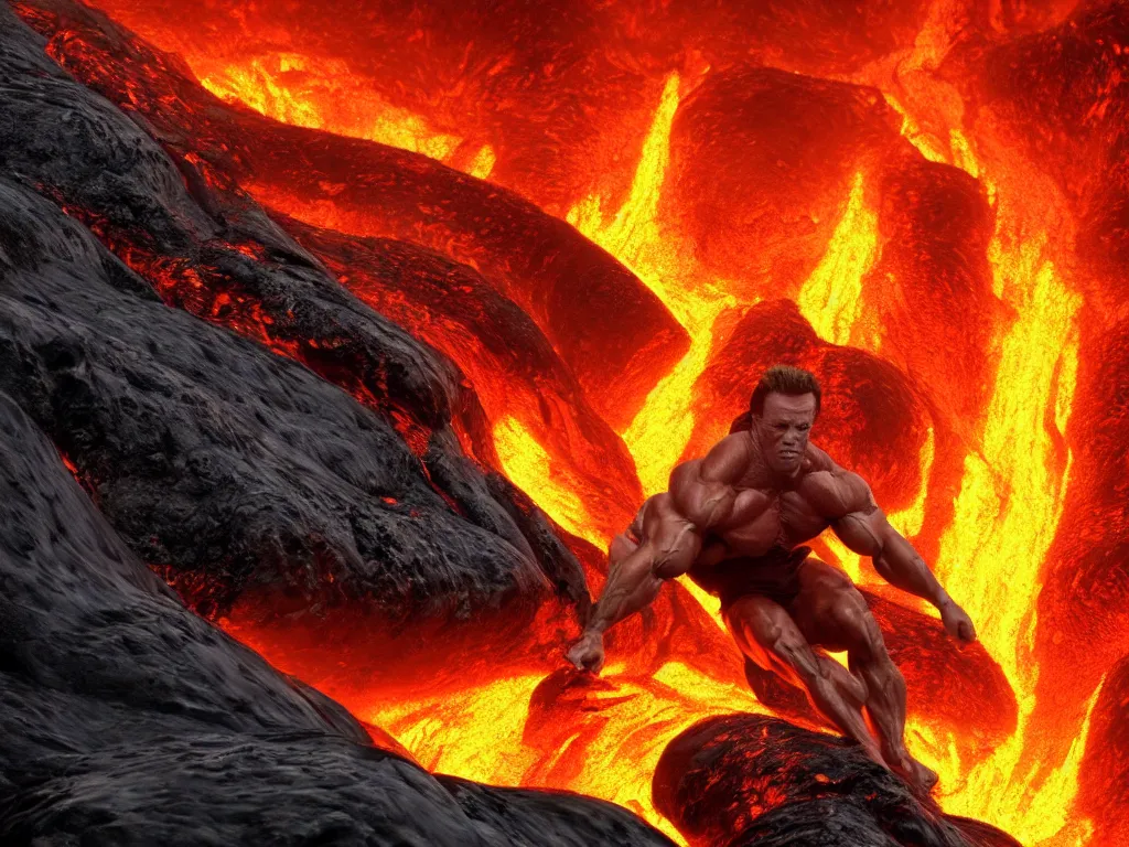 Image similar to muscular arnold schwarzenegger surfing on lava from an erupting volcano, stunning scene, 8 k, extremely detailed digital painting, depth, bright colors, trending on artstation