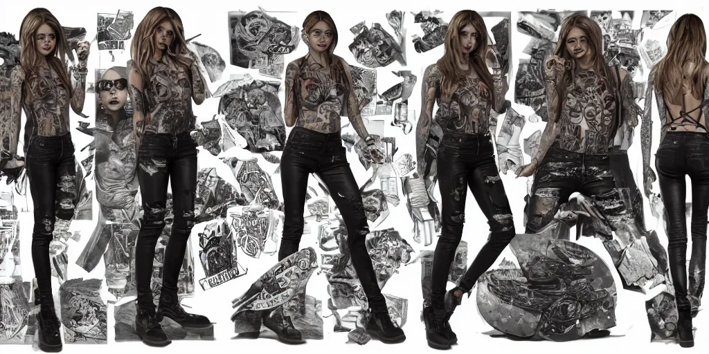 Image similar to anne winters fully tattooed, wearing scratched and ripped short leather jeans, wearing an aviator outfit with a smiley stamp on its back, character sheet, fine details, props, concept design, contrast, kim jung gi, greg rutkowski, trending on artstation, 8 k, full body, turnaround, front, back, ultra wide angle