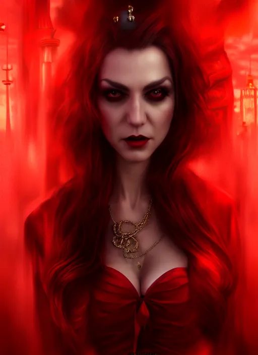 Prompt: realistic matte painting, full length portrait, the duchess of blood owns the las vegas strip, vampire, highly detailed, CGsociety, concept art, HDR, hyper realistic, volumetric lighting, subsurface scattering, unreal