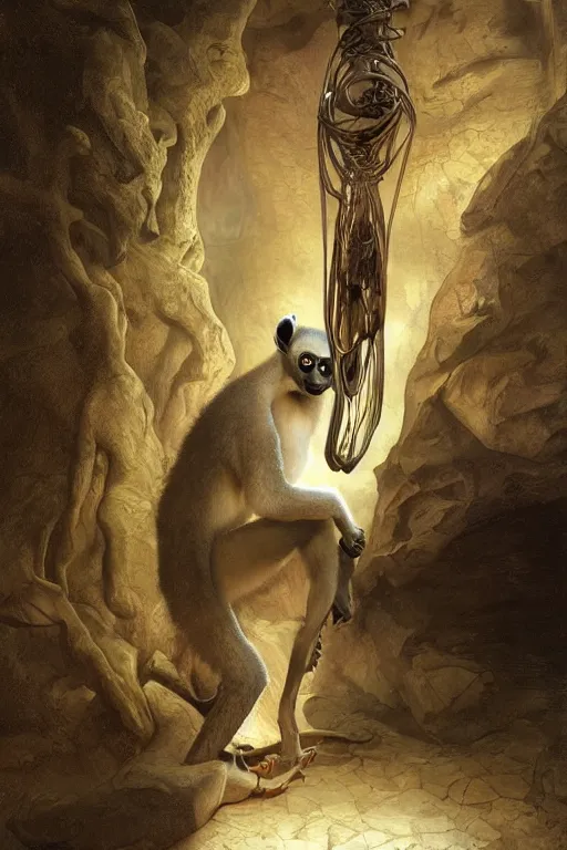 Image similar to lemur inventor, physically accurate, moody dynamic lighting, very very intricate, very very elegant, highly detailed, digital painting, artstation, HR GIGER, Hieronymus Bosch, Francis Bacon, concept art, smooth, very beautiful, sharp focus, illustration, art by artgerm and greg rutkowski and alphonse mucha