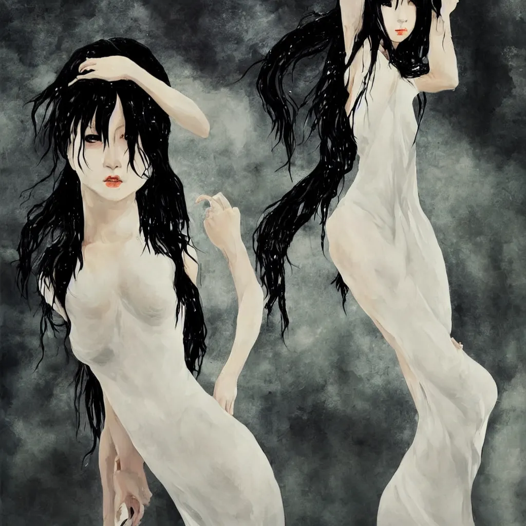 Image similar to Harry Weisburd Artwork Black Wet Hair, Hachishakusama wearing a long absurd white gown, Eight-Feet-Tall, #One shot Goddess, Full Body abnormal