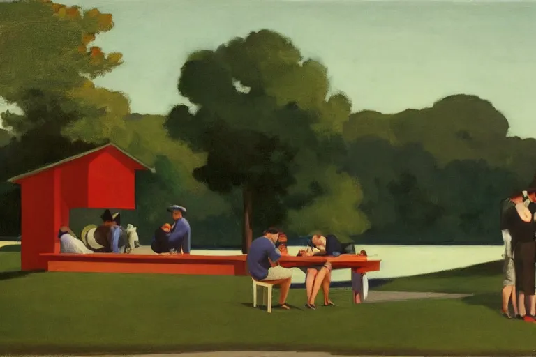 Image similar to mid - thirties guys binge drinking in front of a lake, in the style of edward hopper