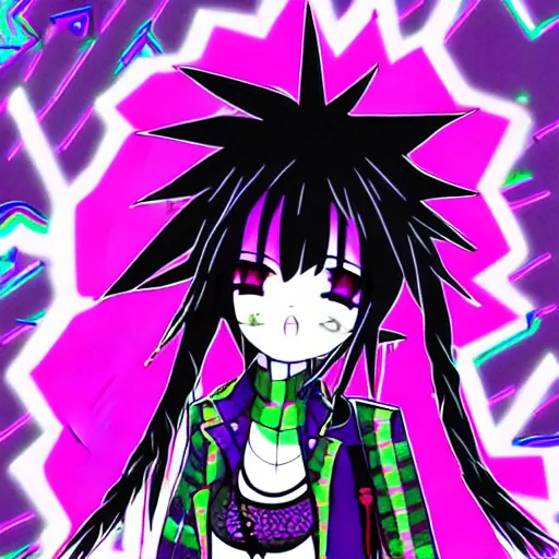 Image similar to maximalist emo anime girl, cybergoth, rainbowcore, vhs monster high, glitchcore witchcore, checkered spiked hair, pixiv