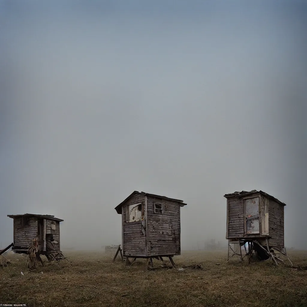 Prompt: two towers, made up of makeshift squatter shacks with faded colours, plain uniform sky at the back, uneven fog, dystopia, mamiya, f 1 1, fully frontal view, ultra sharp, very detailed, photographed by julie blackmon
