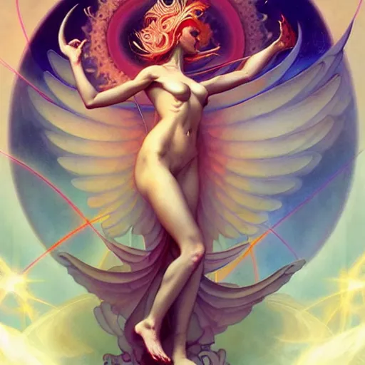 Image similar to psychedelic angelic celestial being artwork of peter mohrbacher, frank xavier leyendecker, energy body, sacred geometry, esoteric art, divinity detailed, saturated colors,