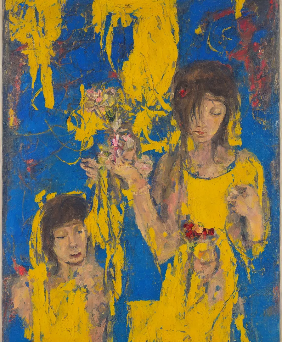 Image similar to portrait of a single lonely priestess with flowers in her hair and a candle in her hand, yellow and blue ribbons, expressive abstractionism, many small saturated hard relief strokes of oil on canvas with high detail