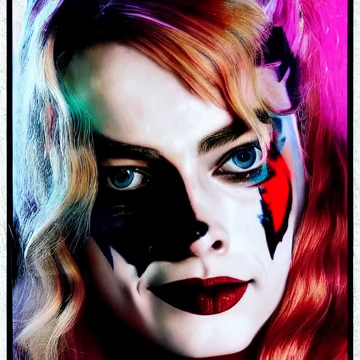 Prompt: a portrait of margot robbie as harley quinn doing a kissing face, highly detailed