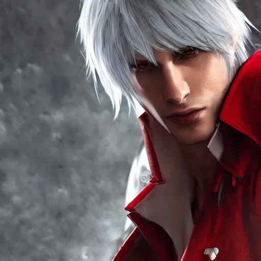 Prompt: portrait of dante from devil may cry, medium length hair, high quality, unreal engine, highly detailed face, sharp focus, depth of field, ambient lighting, ray tracing, 4k, hdr, artstation trending,