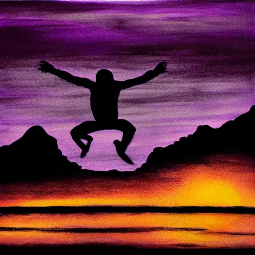 Prompt: purple sunset limbo with a real black silhouette of a demonic walking on water, the sky falls to the ground, high detail