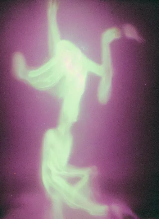 Image similar to a symmetrical female ascending astral projection, liquid glowing aura, motion blur, long exposure, film grain, cinematic lighting, experimental film, shot on 1 6 mm