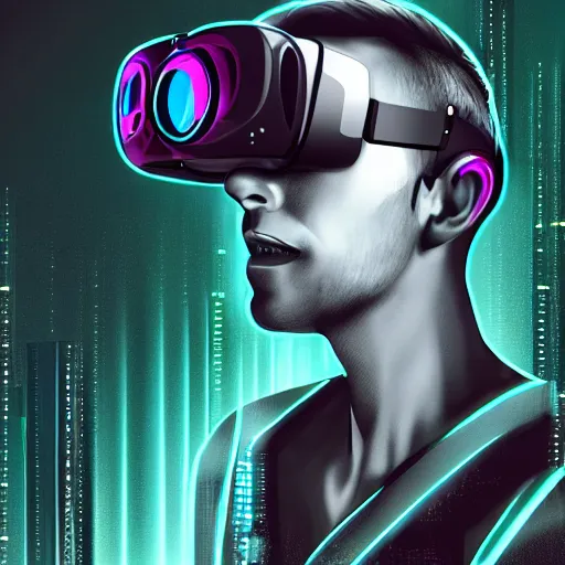 Image similar to cyberpunk bot wearing vr headset, sci - fi, portrait, illustration