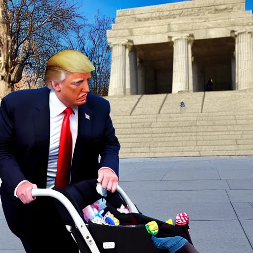 Image similar to highly detailed, award winning photograph of donald trump stealing candy from a baby in a stroller in front of the lincoln monument