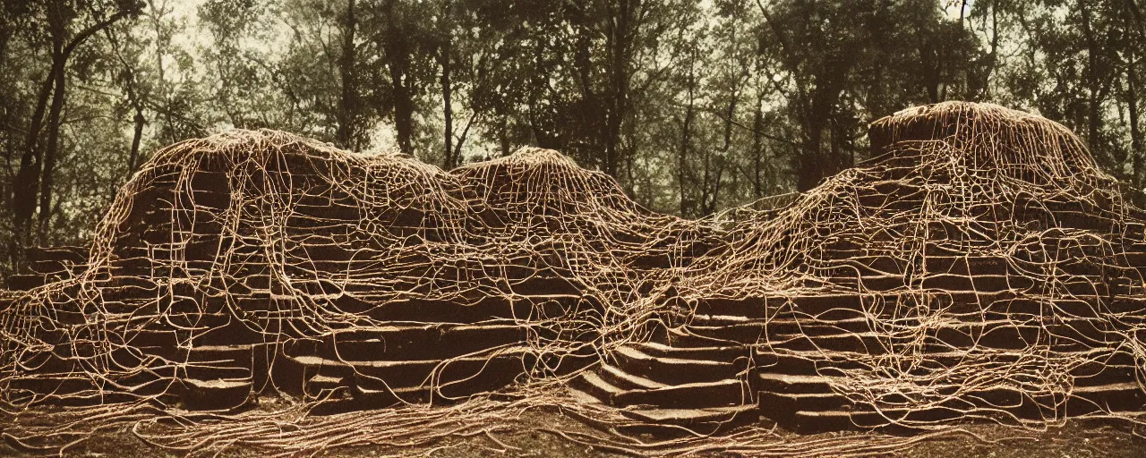 Image similar to an ancient aztec temple in the middle of the forest covered in spaghetti, canon 5 0 mm, cinematic lighting, photography, retro, film, kodachrome