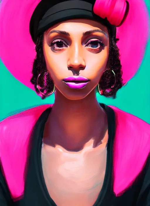 Image similar to portrait of teenage vanessa morgan with bright pink hair, black girl, vanessa morgan, curly pixie cut hair, wearing newsboy cap, newsboy cap, hoop earrings, intricate, elegant, glowing lights, highly detailed, digital painting, artstation, concept art, smooth, sharp focus, illustration, art by wlop, mars ravelo and greg rutkowski