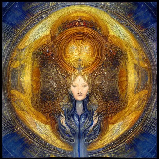 Image similar to Divine Chaos Engine by Karol Bak, Jean Deville, Gustav Klimt, and Vincent Van Gogh, celestial, visionary, sacred, fractal structures, ornate realistic gilded medieval icon, spirals, atmospheric