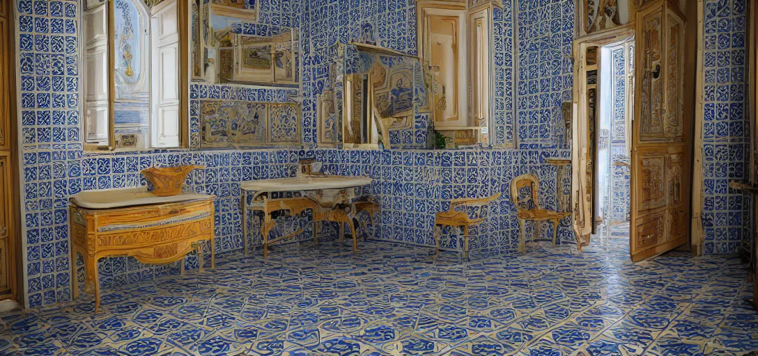 Image similar to ! dream house in porto with portuguese tiles. photographed by wes anderson on fujinon premista 1 9 - 4 5 mm t 2. 9. portra 8 0 0.