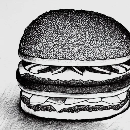 Image similar to line drawing of a pig in between two buns as a sandwich, outside art