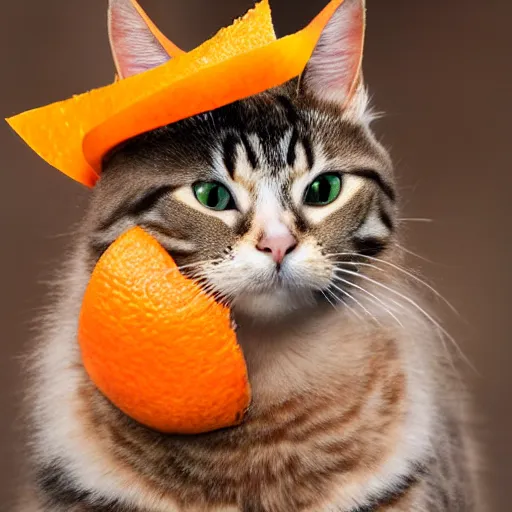 Image similar to photorealistic photograph of a cat wearing an orange peel as a hat by suzi eszterhas, fruit helmet, photorealism, photorealistic, realism, real, highly detailed, ultra detailed, detailed, f / 2. 8 l canon ef is lens, canon eos - 1 d mark ii, wildlife photographer of the year, pulitzer prize for photography, 8 k