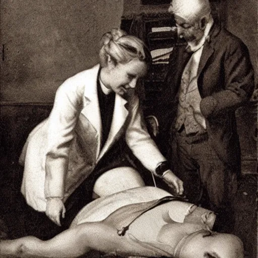 Prompt: a blonde female doctor bandaging a wounded soldier