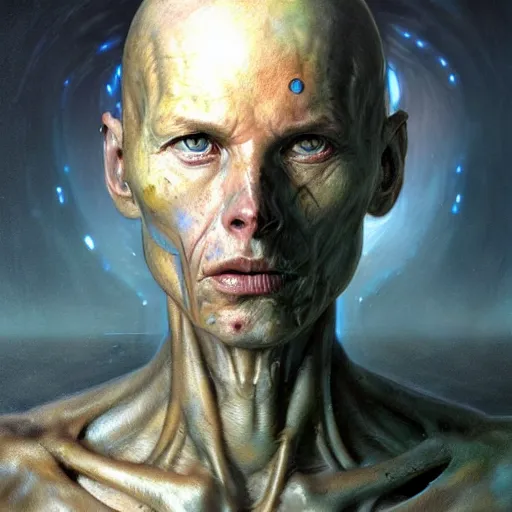 Prompt: a hyper - realistic character concept art portrait of an antimatter being, depth of field background, artstation, award - winning realistic sci - fi concept art by jim burns and greg rutkowski, beksinski, a realism masterpiece, flesh - tone color palette, james gilleard, bruegel, alphonse mucha, and yoshitaka amano.