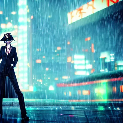 Image similar to stylish anime woman made out of rain, pinstripe suit, top hat, cyberpunk background, rendered in octane, unreal engine, raining, highly detailed, trending on artstation, realistic, neon, beautiful