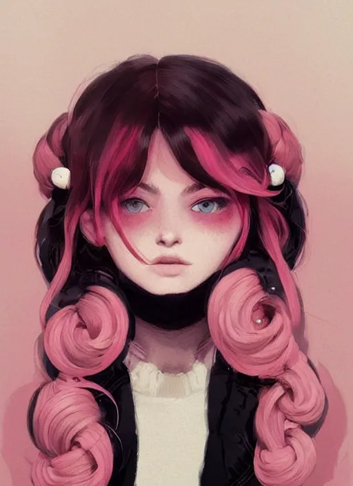 Prompt: highly detailed portrait of a girl with scarlet lips and pink eyes, tartan hoody, ringlet hair, short white hair by atey ghailan, by greg rutkowski, by greg tocchini, by james gilleard, by joe fenton, by kaethe butcher, gradient pink, black, red, cream and white color scheme, trending in pinterest, award winning details