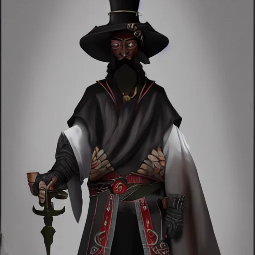 Image similar to anthropomorphic jackrayharengon with black skin, wearing stylized monk robes and a wide brimmed hat, digital art featured on artstation