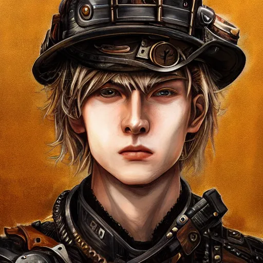 Prompt: portrait of a man by ayami kojima, norwegian, he is about 2 0 years old, blond short hair, tall and strong, older brother vibes, he is wearing a steampunk tactical gear, highly detailed portrait, digital painting, artstation, concept art, smooth, sharp foccus ilustration, artstation hq