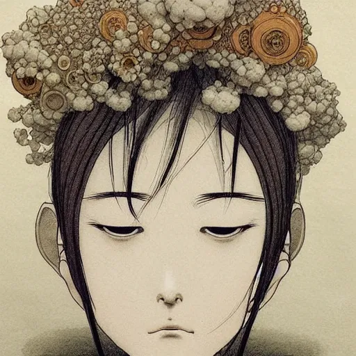 Image similar to prompt: Fragile looking vessel portrait face drawn by Katsuhiro Otomo, inspired by Carlo Dolci, magical and alchemical objects on the side, soft light, white background, intricate detail, intricate ink painting detail, sharp high detail, manga and anime 2000