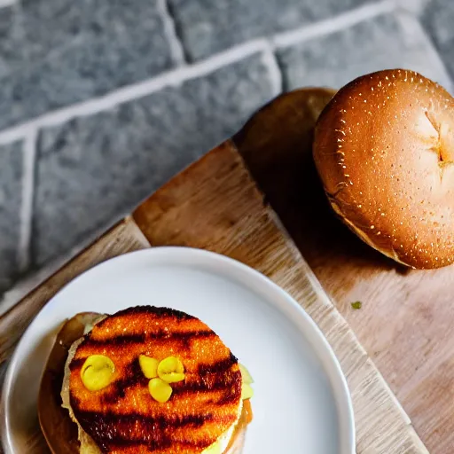 Image similar to potato burger, award winning photo, food photography, golden hour, holy