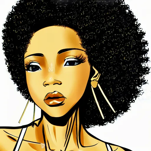 Image similar to black woman with a gold afro in anime style, highly detailed, sharp colors