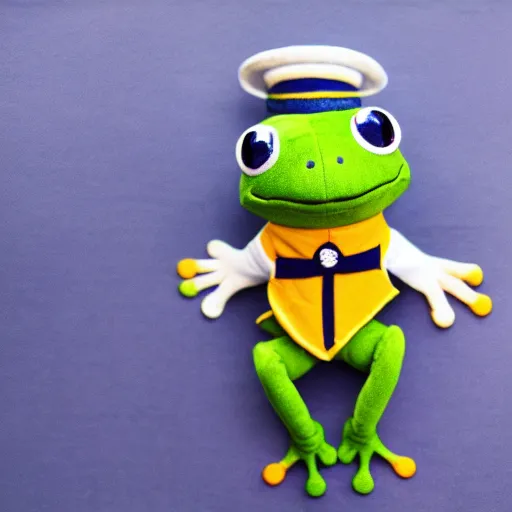 Image similar to frog wearing a sailor suit, plushie photography,