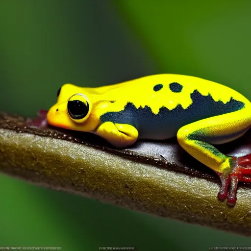 Image similar to yellow dart frog, dendrobatidae, chilling on a leaf, by artist giger, concept art for movie, super low saturated colors, extreme detail, 4 k, detailed rendering, realistic lighting, sharp focus, backlit