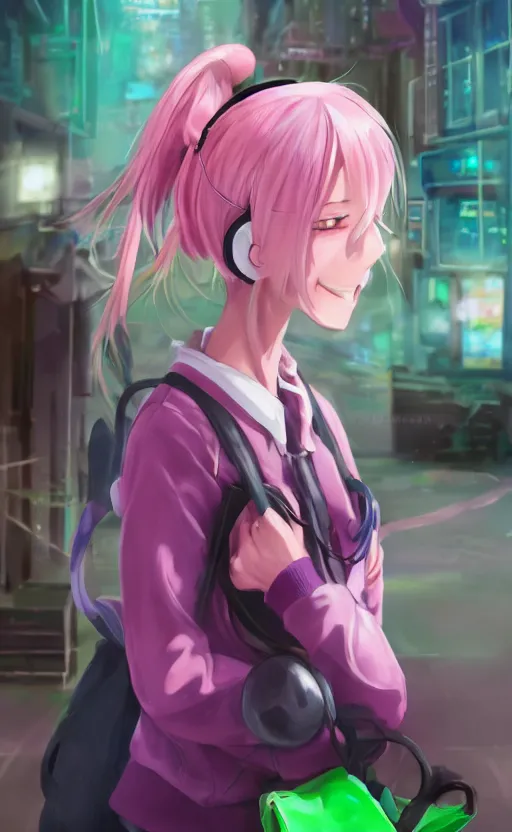 Image similar to anime girl with pink ponytail, wearing purple headphones, wearing a green sweater, with a smile on her face and her eyes closed, walking down a street, dynamic lighting, photorealistic fantasy concept art, trending on art station, very detailed, anime concept art, stunning visuals, creative, cinematic, ultra detailed