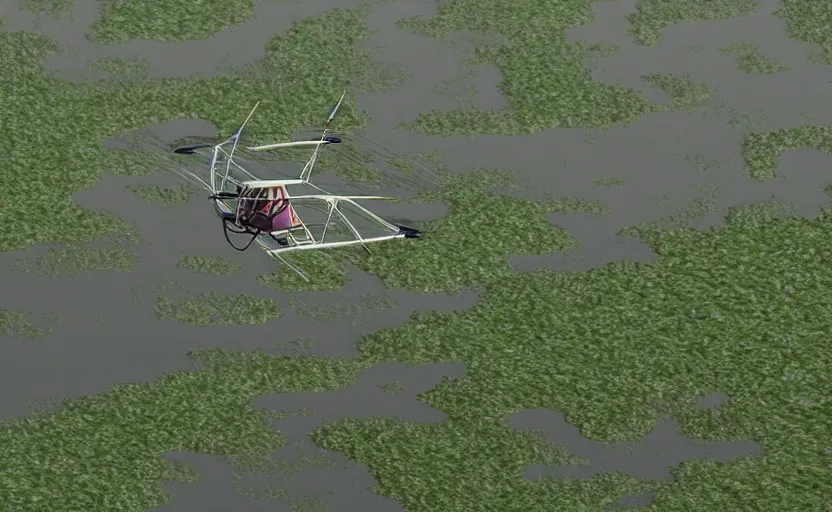 Image similar to a close - up detailed cell - shaded cartoon movie still from howl's moving castle ( 2 0 0 4 ) of a gyrocopter in a flooded rainforest valley. stonehenge is seen in the background with shafts of sunlight from above. very dull muted colors, hd, 4 k, hq