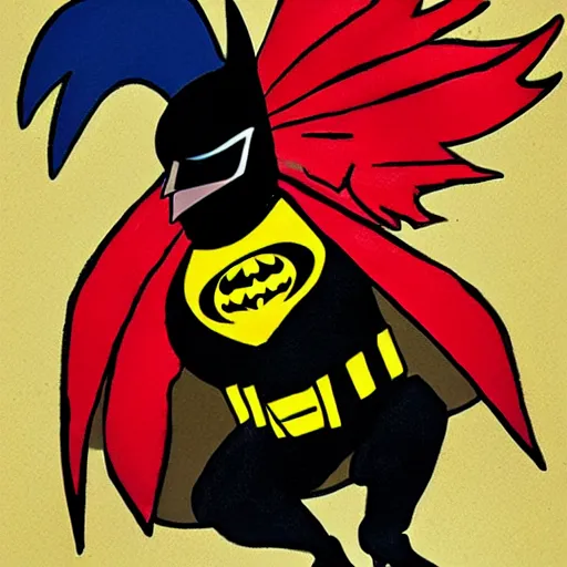 Image similar to A rooster dressed like Batman, cartoon