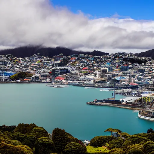 Prompt: Wellington harbour, New Zealand but the city is replaced by remnant native lowland broadleaf podocarp forest and wetlands, landscape photography 8K