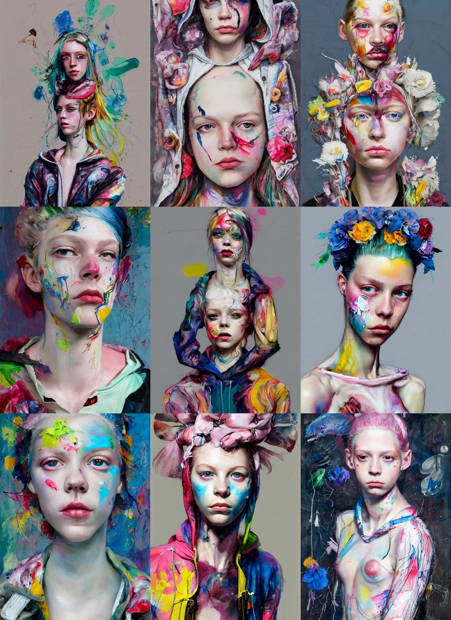 Prompt: 2 5 year old hunter schafer in the style of martine johanna and! jenny saville!, wearing a hoodie, standing in a township street, street fashion outfit, haute couture fashion shoot, mascara, full figure painting by john berkey, david choe, ryan hewett, decorative flowers, 2 4 mm, die antwoord yolandi visser
