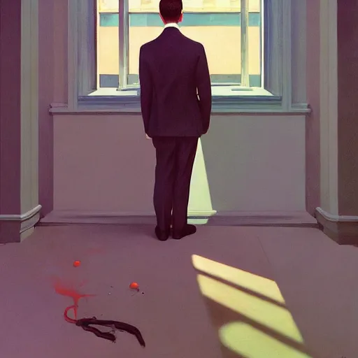 Image similar to Portrait of a man wearing a business day dreaming, very coherent, painted by Edward Hopper, Wayne Barlowe, painted by James Gilleard, airbrush, art by JamesJean