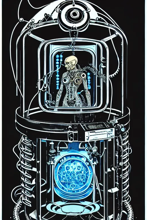 Image similar to steampunk cryo chamber containing an cyborg, high details, intricately detailed, by vincent di fate, inking, 3 color screen print, masterpiece, trending on artstation,, sharp, details, hyper - detailed, hd, 4 k, 8 k