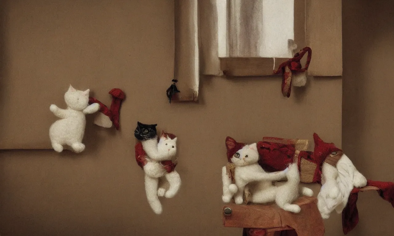 Prompt: a cinematic portrait of a cat, handmade and handstitched cloth rag doll in the form of a cat, a stitched fabric cat doll, childrens toy, a child's doll, visible stitching, embroidery, flowers, painting by Edward Hopper, by James C. Christensen, by Tomasz Alen Kopera, by Raphael, by Caravaggio