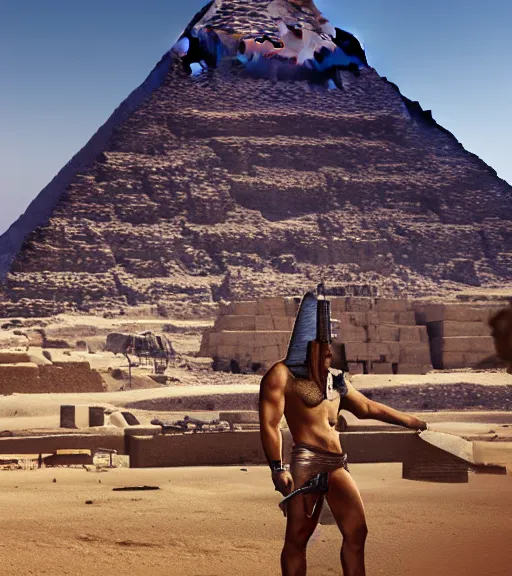 Image similar to a beefy man with a machine gun, egyptian pyramid in the background, 4 k, sharp focus, illustration, highly detailed, cinematic, photorealistic, cyberpunk