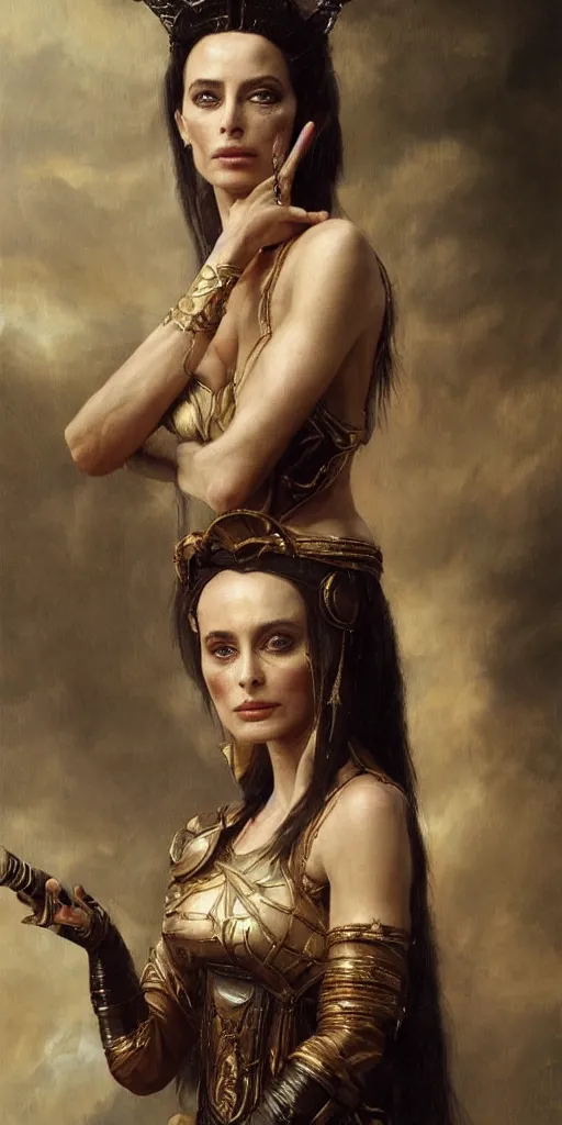 Prompt: the portrait of emanuelle beart as amazon in intricate dress by roberto ferri, fantasy, witcher, very detailed oil painting, masterpiece, 8 k