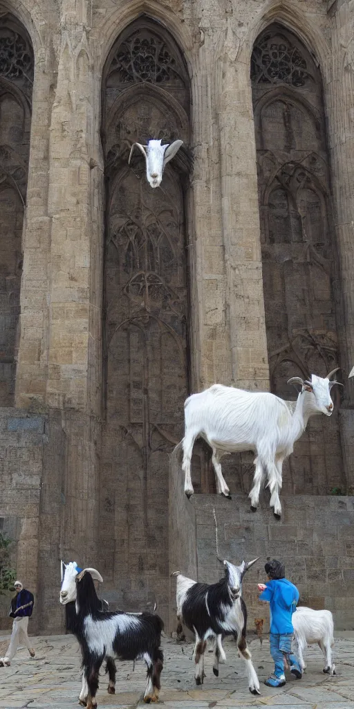 Image similar to goats outside of a cathedral, trending on artstation