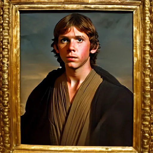 Prompt: a portrait painting of young luke from star wars in a renaissance style hanging in the louvre