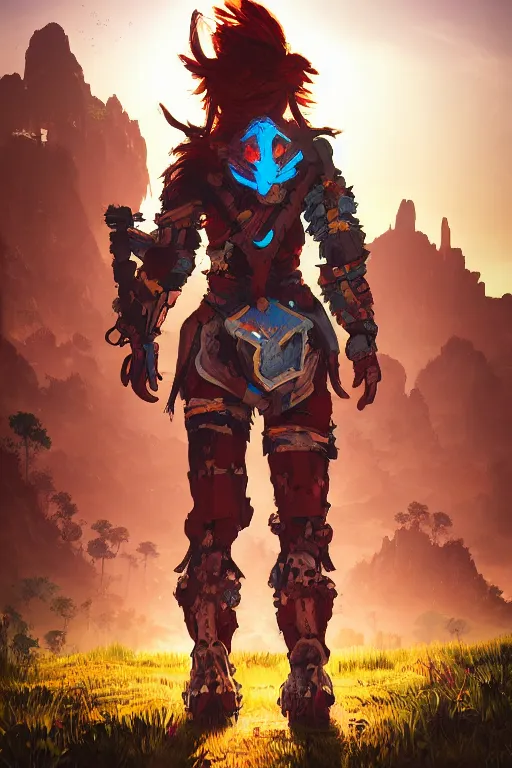 Image similar to combination suit armor aloy horizon forbidden west horizon zero dawn radiating a glowing aura global illumination ray tracing hdr fanart arstation by ian pesty and alena aenami artworks in 4 k tribal robot ninja mask helmet backpack